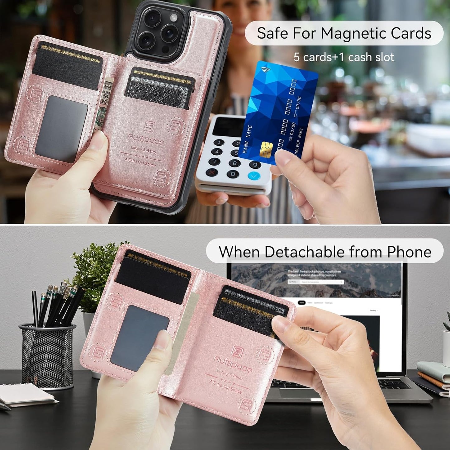 Double magnetic card holder mobile phone case for iPhone 14 Pro max, RFID (anti-theft), supports car magnetic suction function + multi-directional bracket Gray