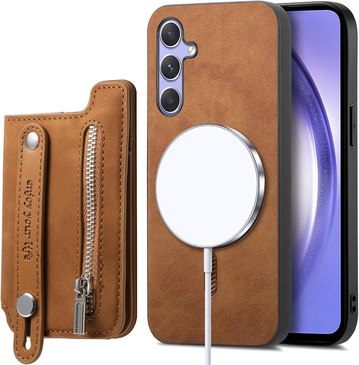 iTape Retro magnetic mobile phone case for Samsung Galaxy S25+, wireless charging magnetic car mount, Card slot, card holder, wrist strap bracket RFID anti-theft card Orange
