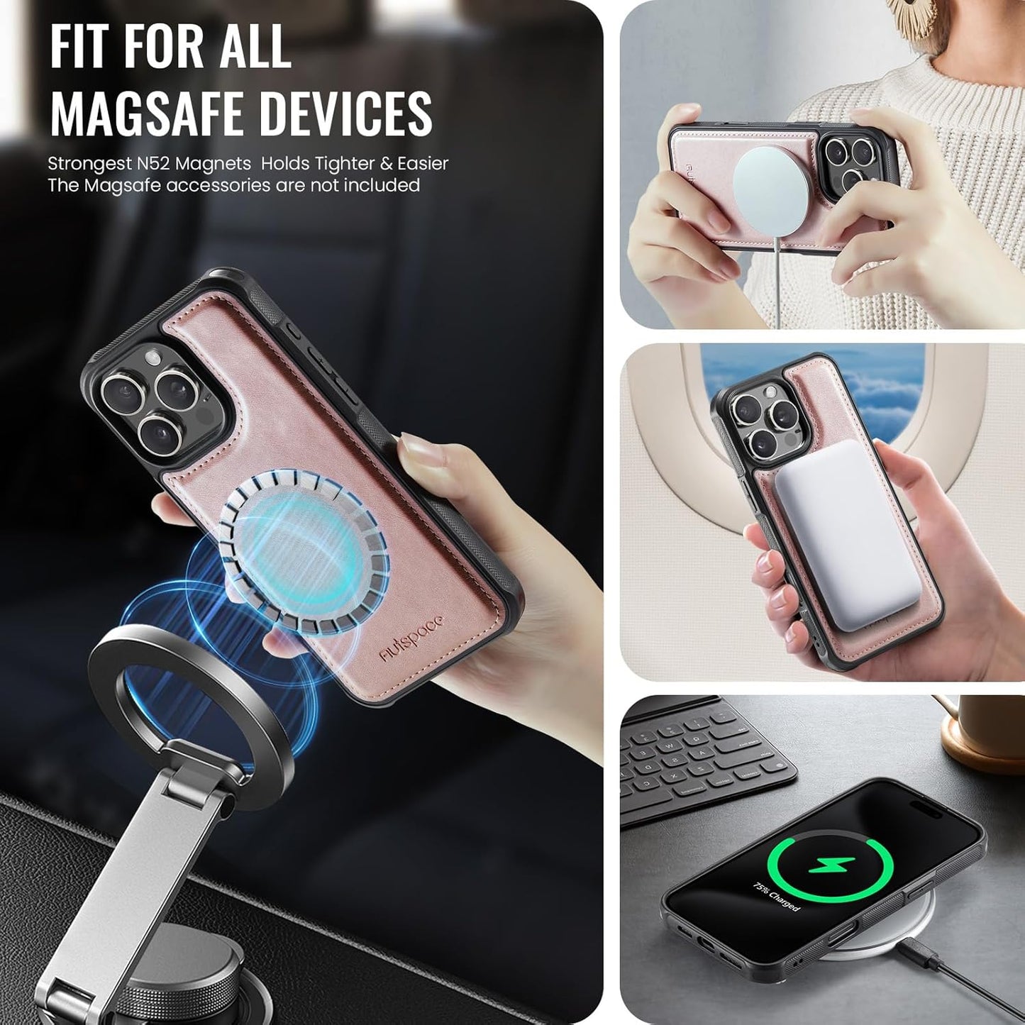 Double magnetic card holder mobile phone case for iPhone 16 Pro, RFID (anti-theft), supports car magnetic suction function + multi-directional bracket Blue