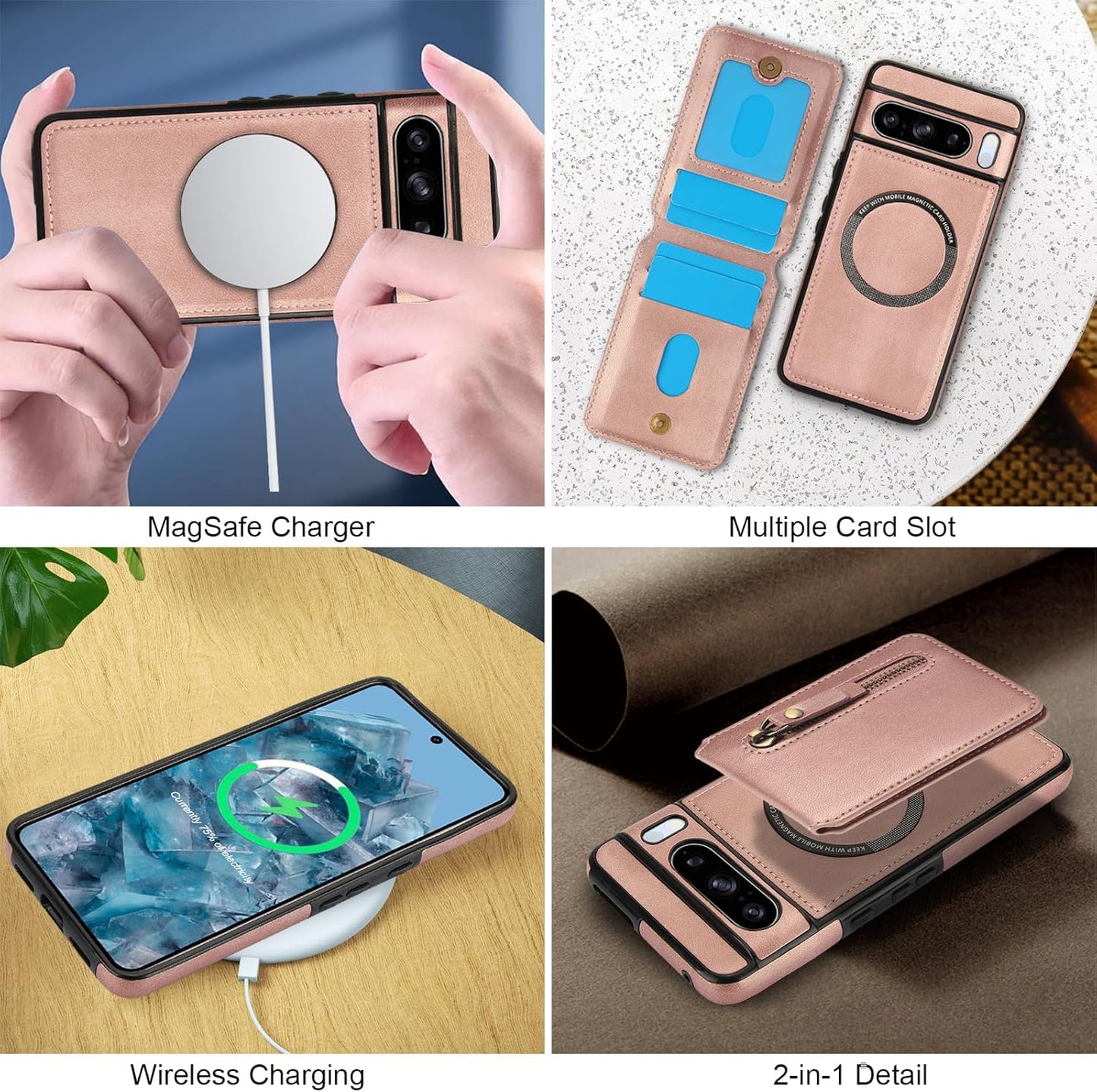 iTape Magnetic card holder phone case suitable for Google Pixel 8 Pro, zipper magnetic split magnetic wallet with adjustable bracket Brown