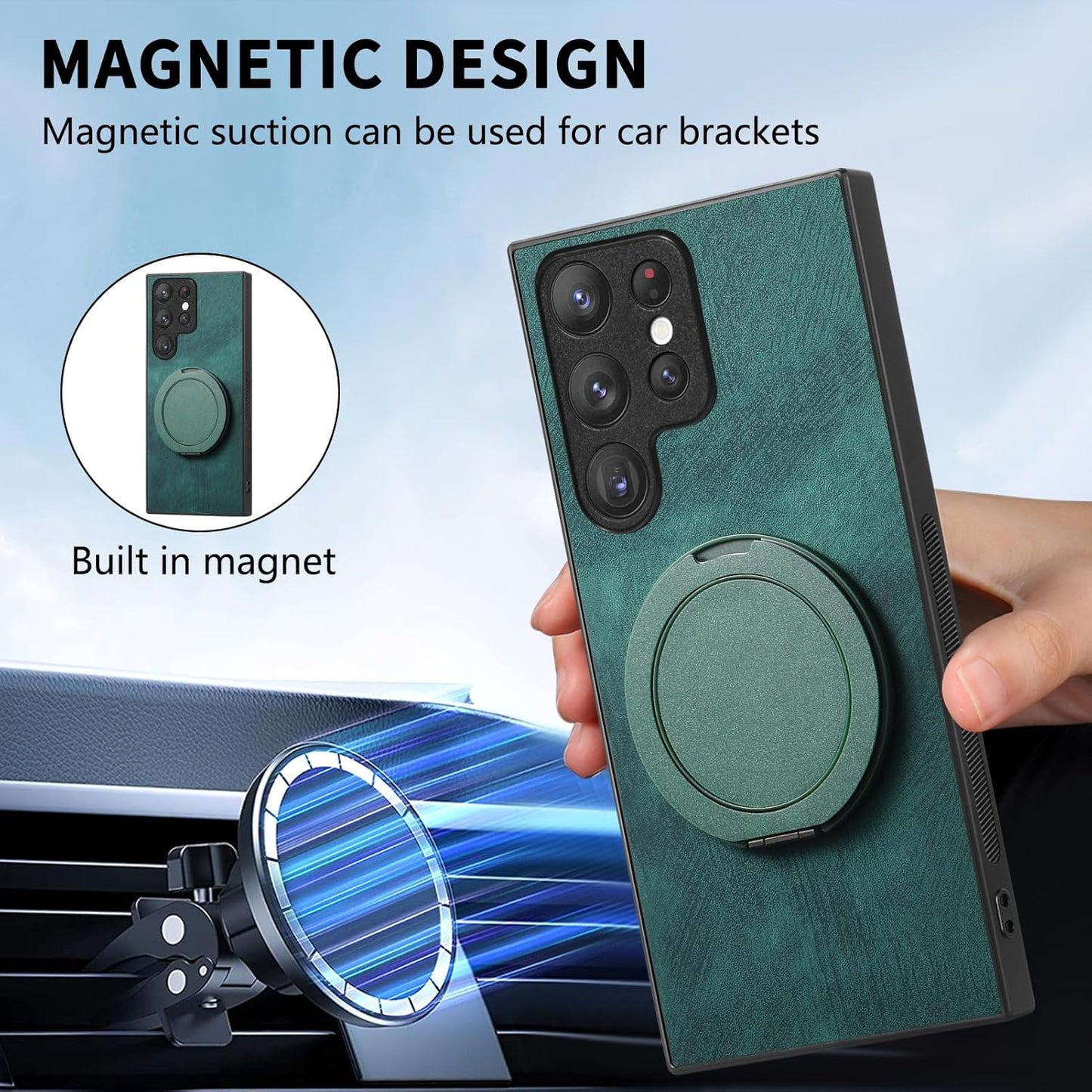 iTape Retro magnetic mobile phone case for Samsung Galaxy S25 Ultra, wireless charging magnetic car mount, round ring 360% rotating mount Green