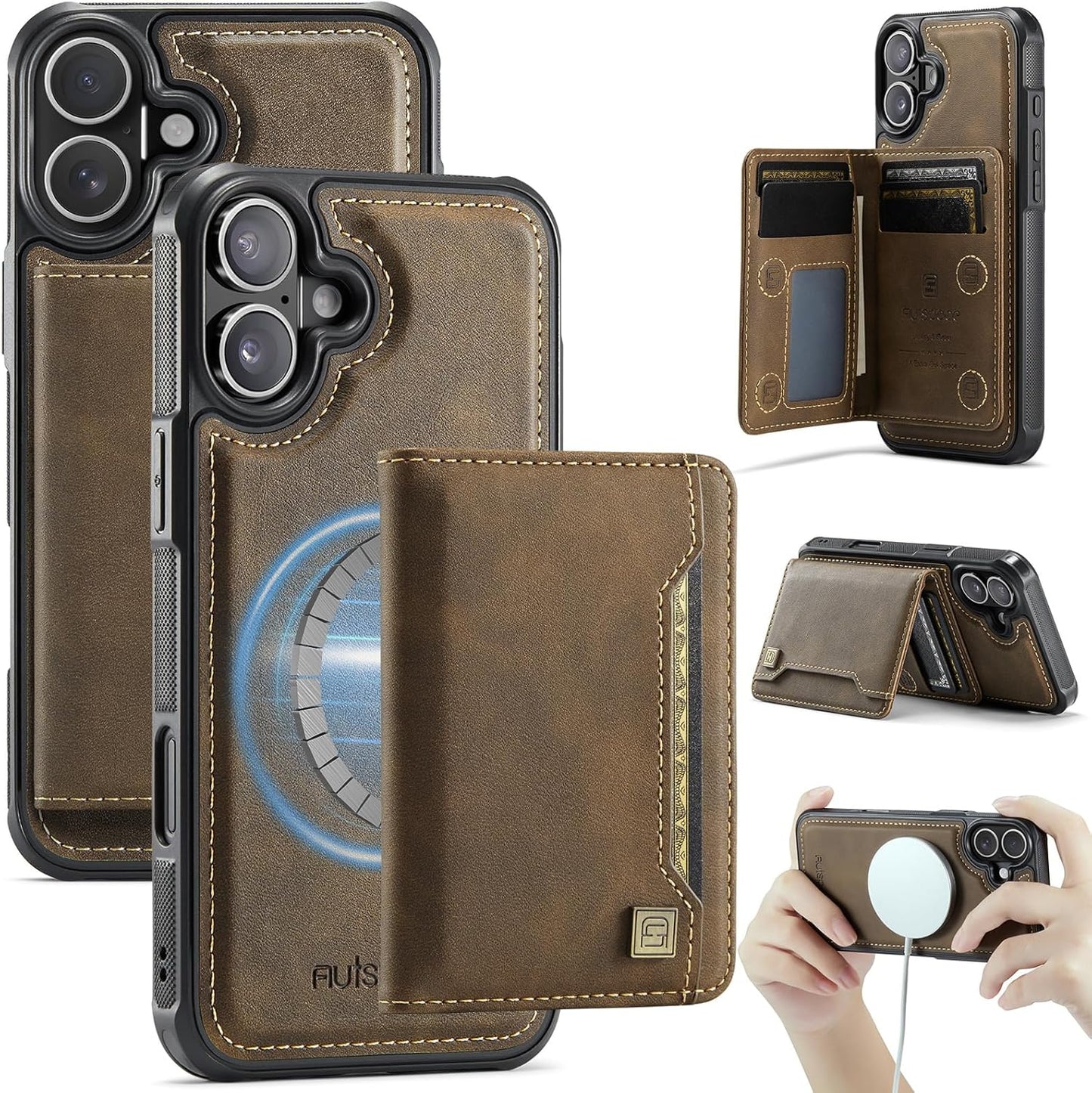 Double magnetic card holder mobile phone case for iPhone 16, RFID (anti-theft), supports car magnetic suction function + multi-directional bracket Blue