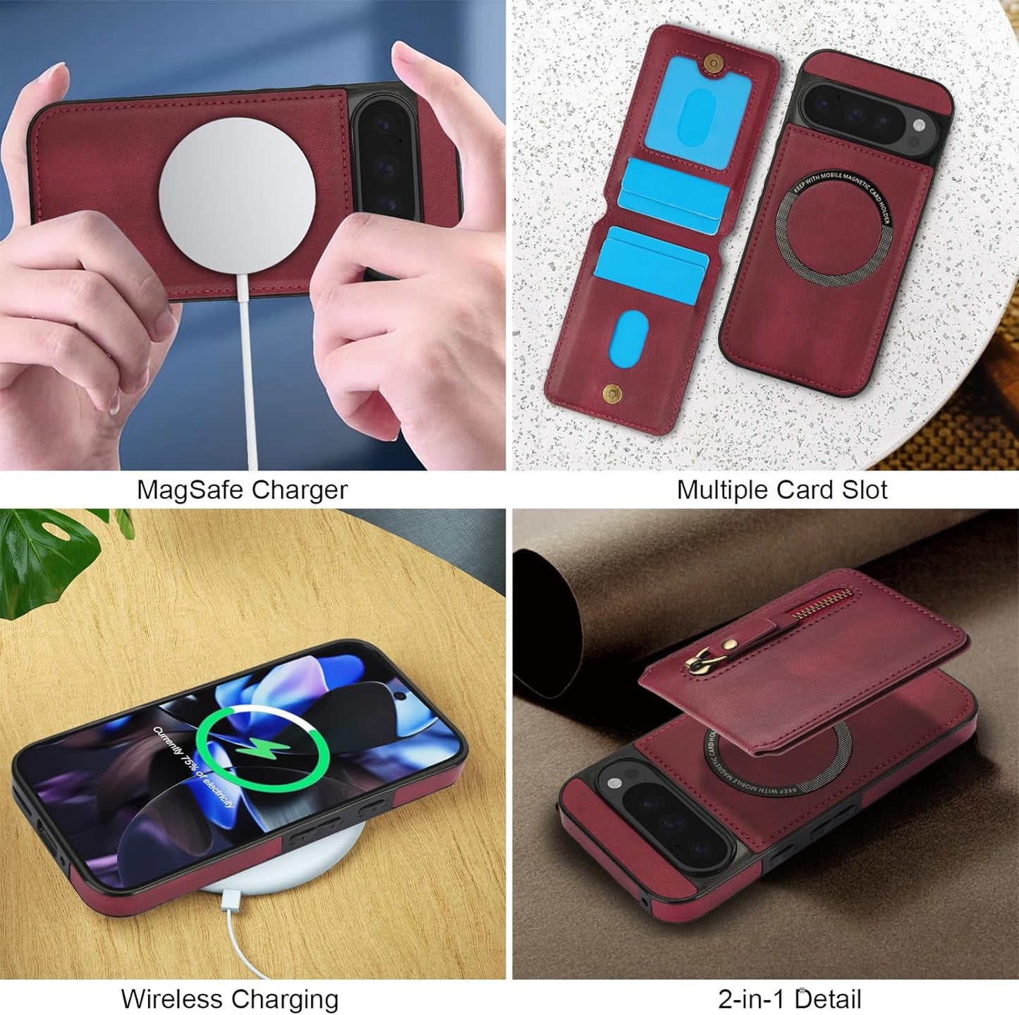 iTape Magnetic card holder phone case suitable for Google Pixel 9, zipper magnetic split magnetic wallet with adjustable bracket Purple