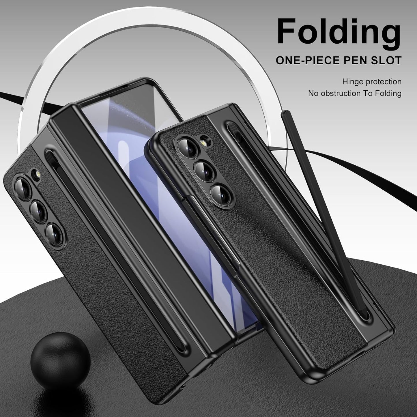 Lightweight phone case for Samsung Galaxy Z Fold5, hinged case supports wireless charging with lens protection, screen protector, complimentary stylus, drop-proof and fingerprint resistant