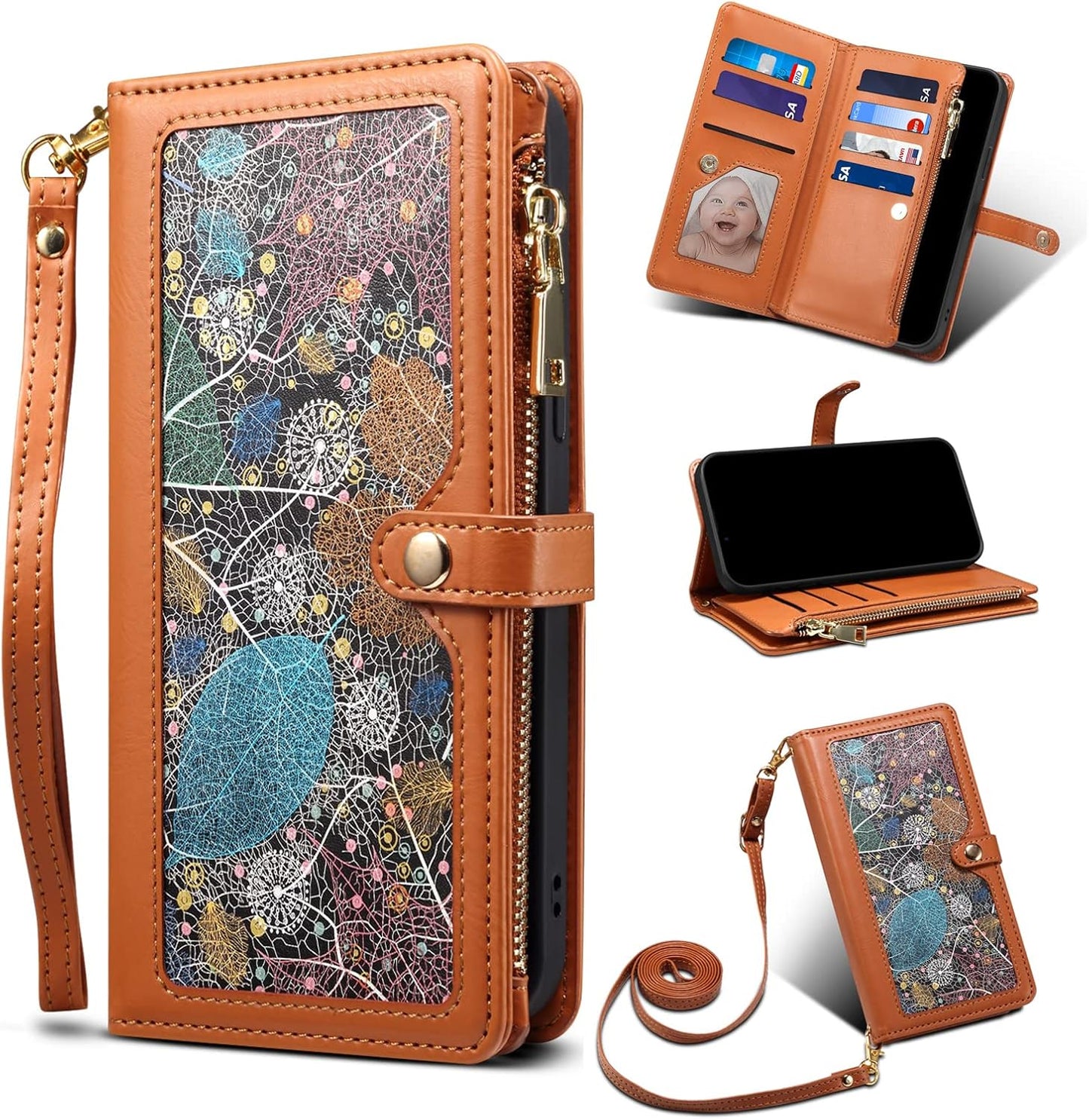 iTape Wallet case for Samsung Galaxy S24 Ultra, card slot photo frame flip stand phone protective case (RFID anti-theft brush) with wrist strap, cross-body strap Orange