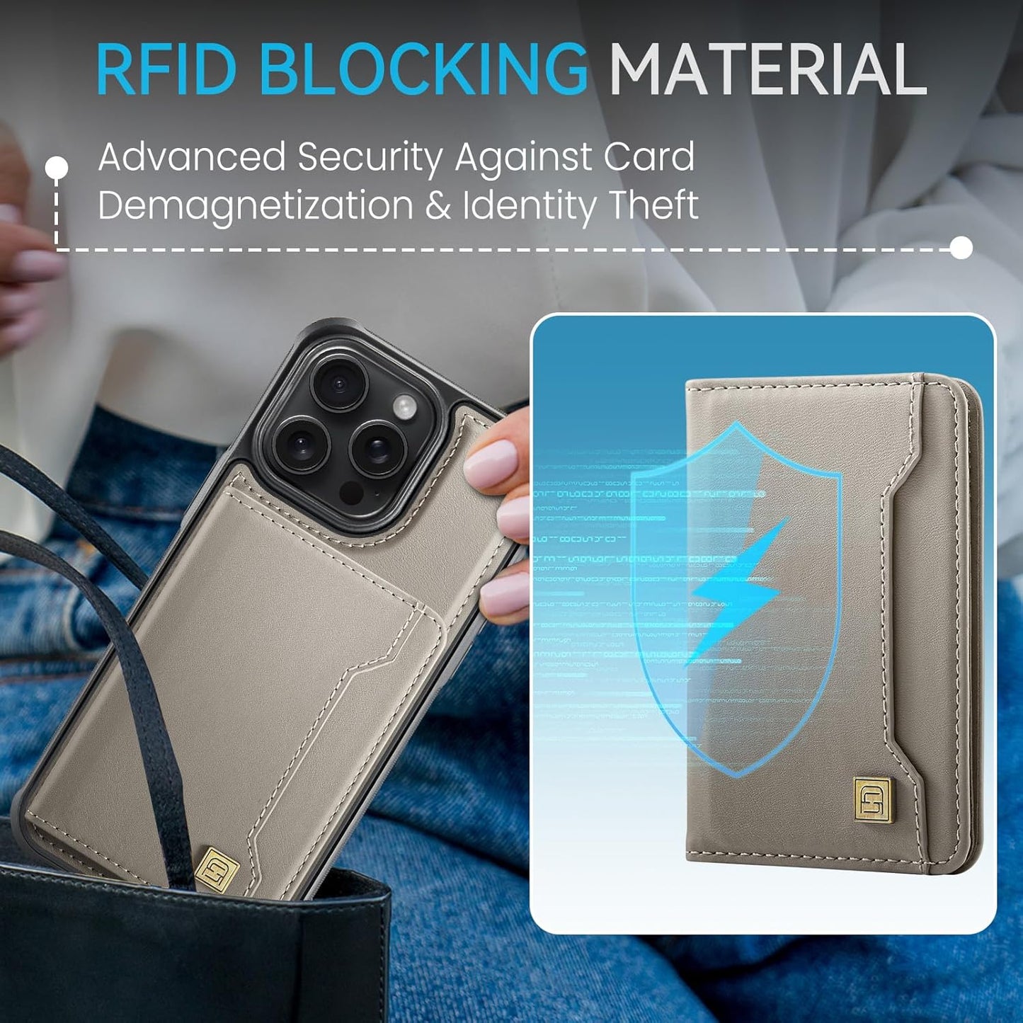 Double magnetic card holder mobile phone case for iPhone 15 Pro max, RFID (anti-theft), supports car magnetic suction function + multi-directional bracket Black