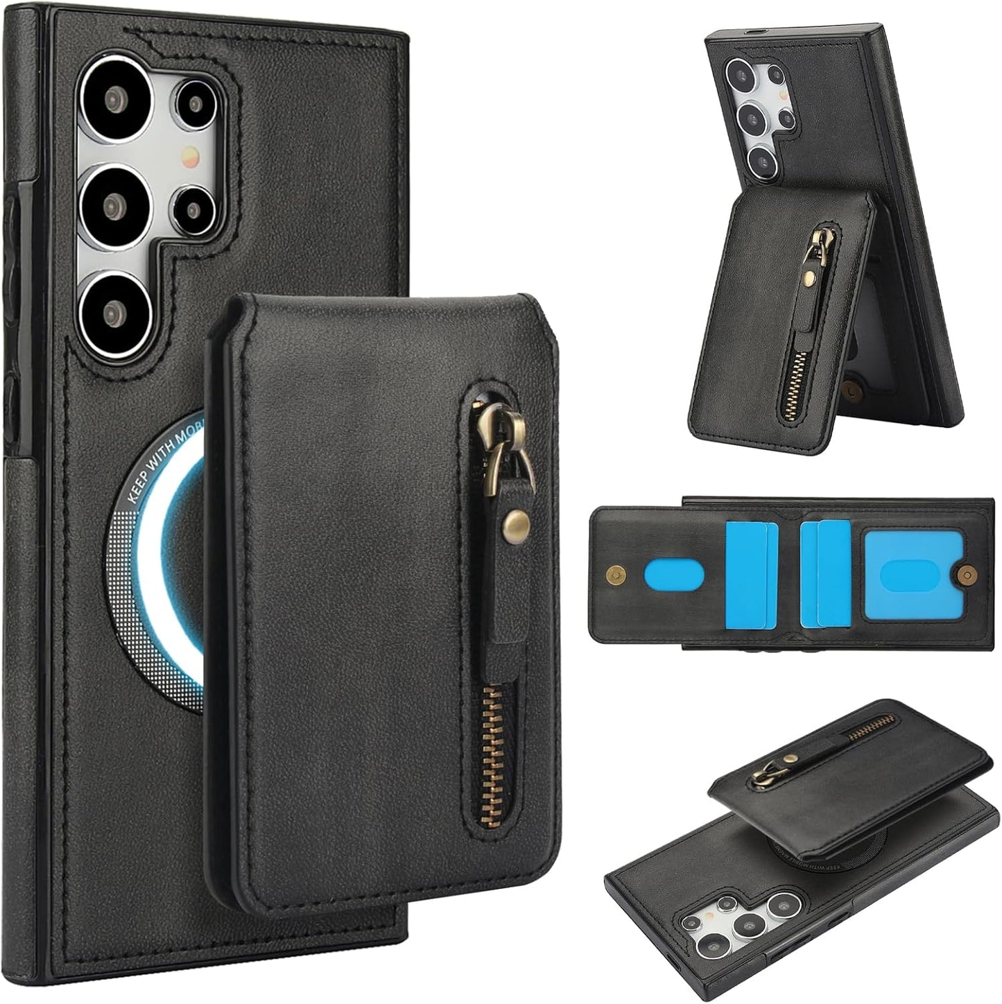 iTape Magnetic Card Holder Phone case Suitable for Samsung Galaxy S24 Ultra, Zipper Magnetic Split Magnetic Wallet with Adjustable Bracket