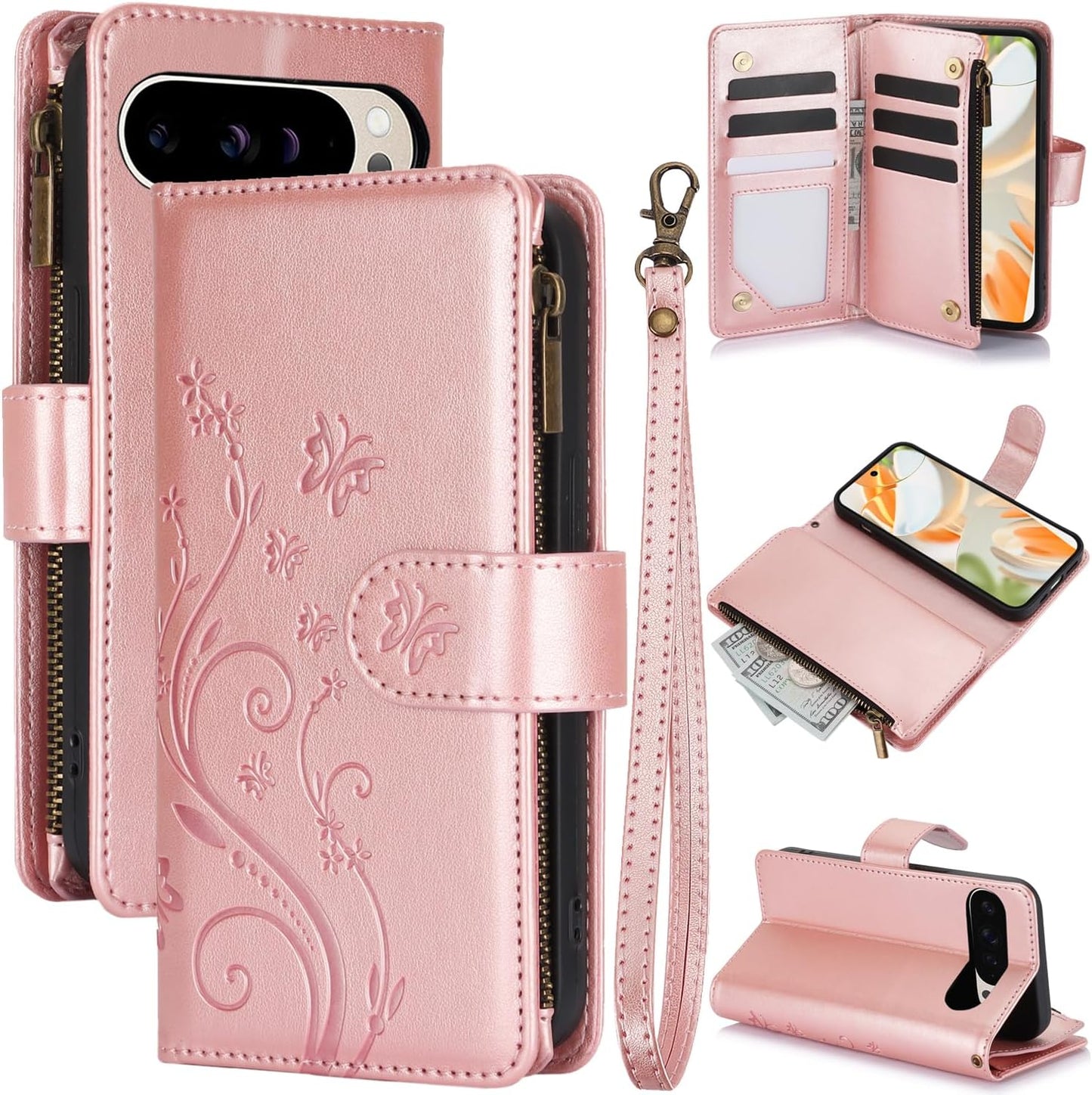 iTape Orchid Butterfly Phone Case for Google Pixel 9 with Multiple Card Slots Wallet, Magnetic Closure Bracket, Shockproof Protective Phone Case Wristband