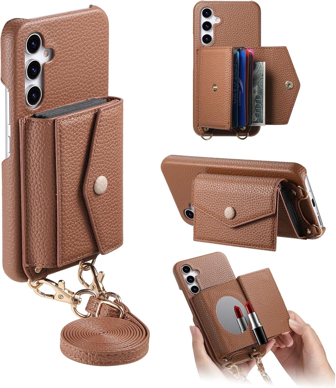 iTape Card Holder Wallet Phone Case for Samsung Galaxy A55, Shockproof Ultra-thin Phone Case, Makeup Mirror with Crossbody Strap Pink