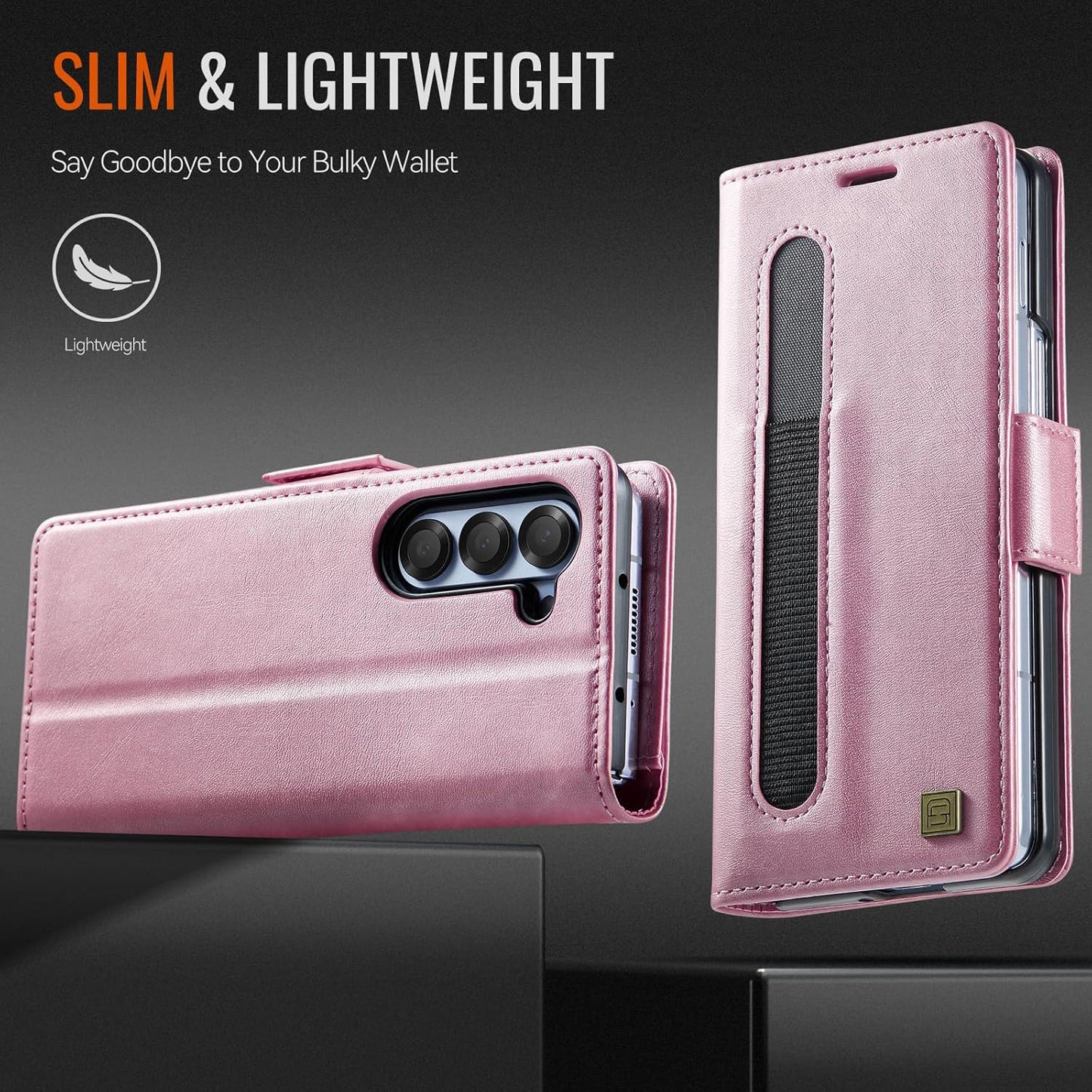 iTape Soft leather wallet case for Samsung Z Fold6, RFID (anti-theft), wallet card slot flip cover stand for Samsung Z Fold6 Support wireless charging Rose Gold