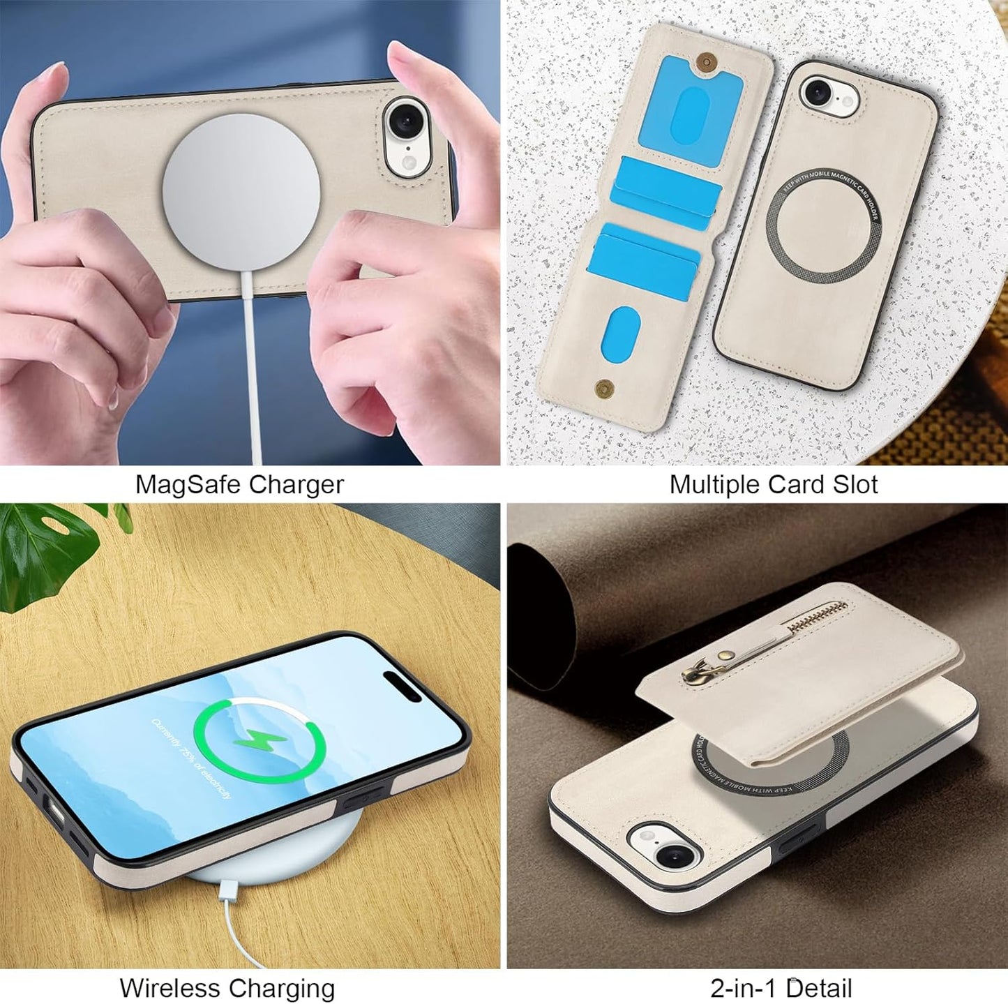 Magnetic card holder phone case suitable for iPhone 16E, zipper magnetic split magnetic wallet with adjustable bracket