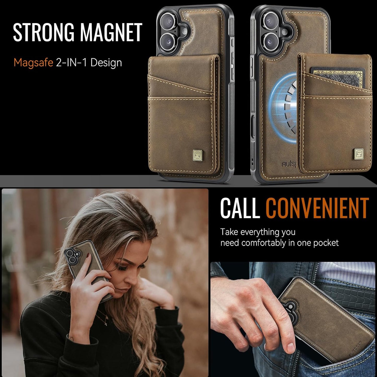 Up and down card holder mobile phone case suitable for iPhone 16 Plus, RFID (anti-theft), supports car magnetic suction function, card slot wallet holder Brown