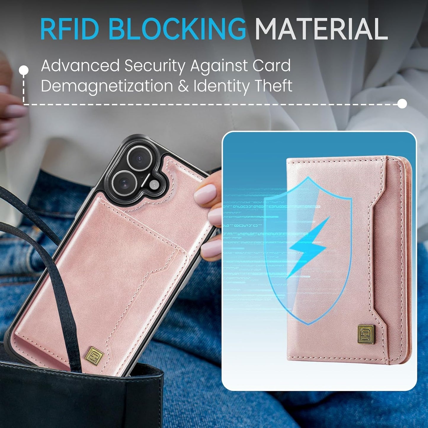 Double magnetic card holder mobile phone case for iPhone 16, RFID (anti-theft), supports car magnetic suction function + multi-directional bracket Blue