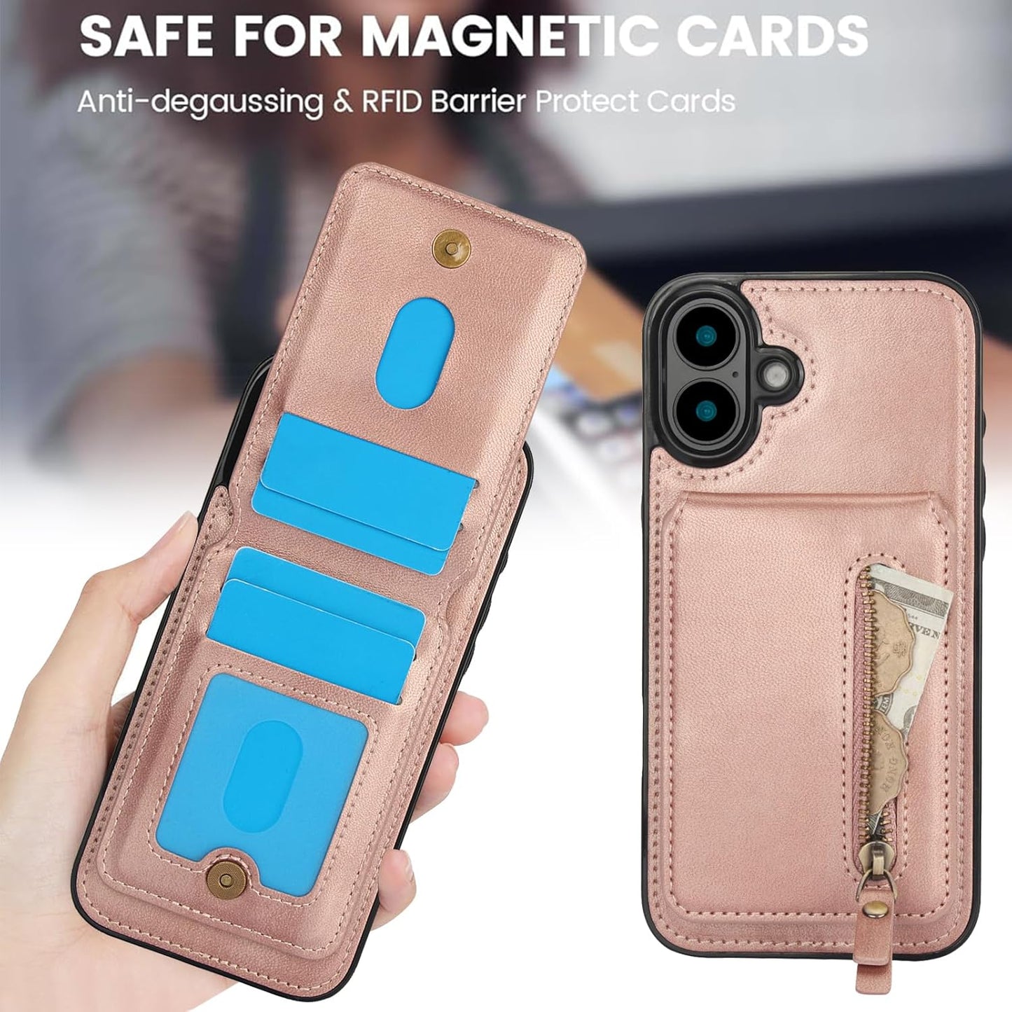 Magnetic card holder phone case suitable for iPhone 16, zipper magnetic split magnetic wallet with adjustable bracket Red