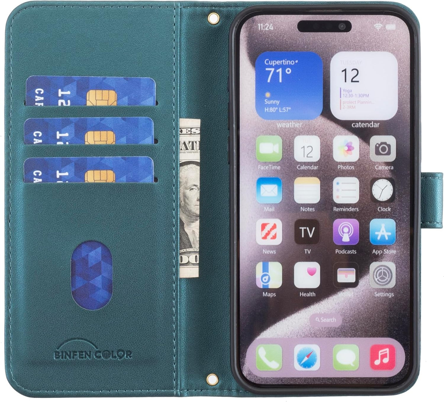 Plaid Wallet Phone Case for iPhone 16E, Wallet Phone Case, Flip Stand, Credit Card Slot Wallet With wrist strap Green