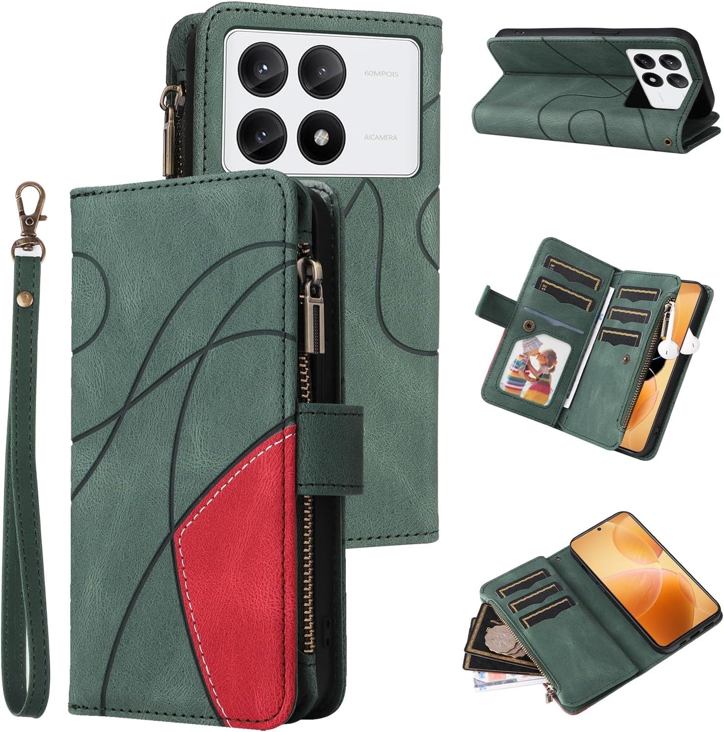 iTape 9 Card Slots Phone Case for Xiaomi POCO X6 PRO 5G, Zipper Wallet, Dual Color Stitching Color Flip Stand Card Slots Cash Clip Shockproof, Wrist Strap Black