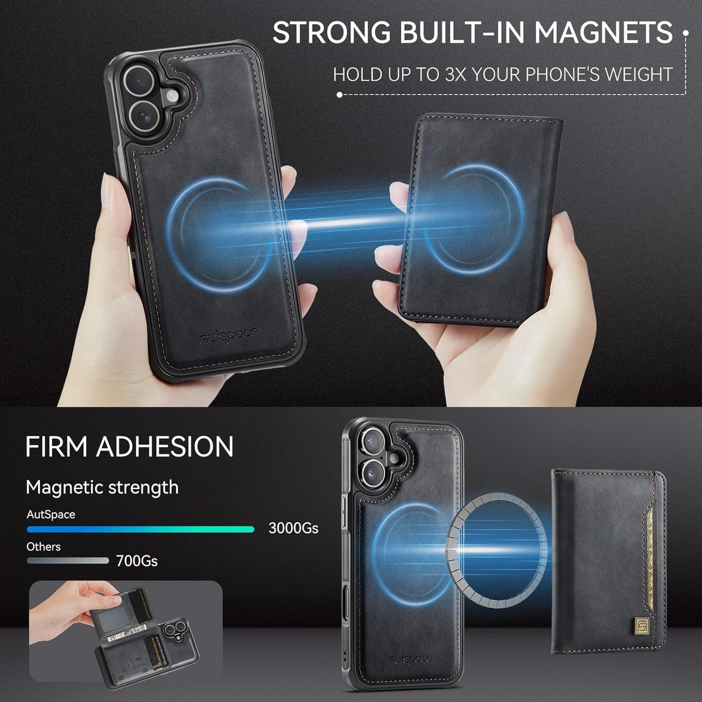 Double magnetic card holder mobile phone case for iPhone 16, RFID (anti-theft), supports car magnetic suction function + multi-directional bracket Blue