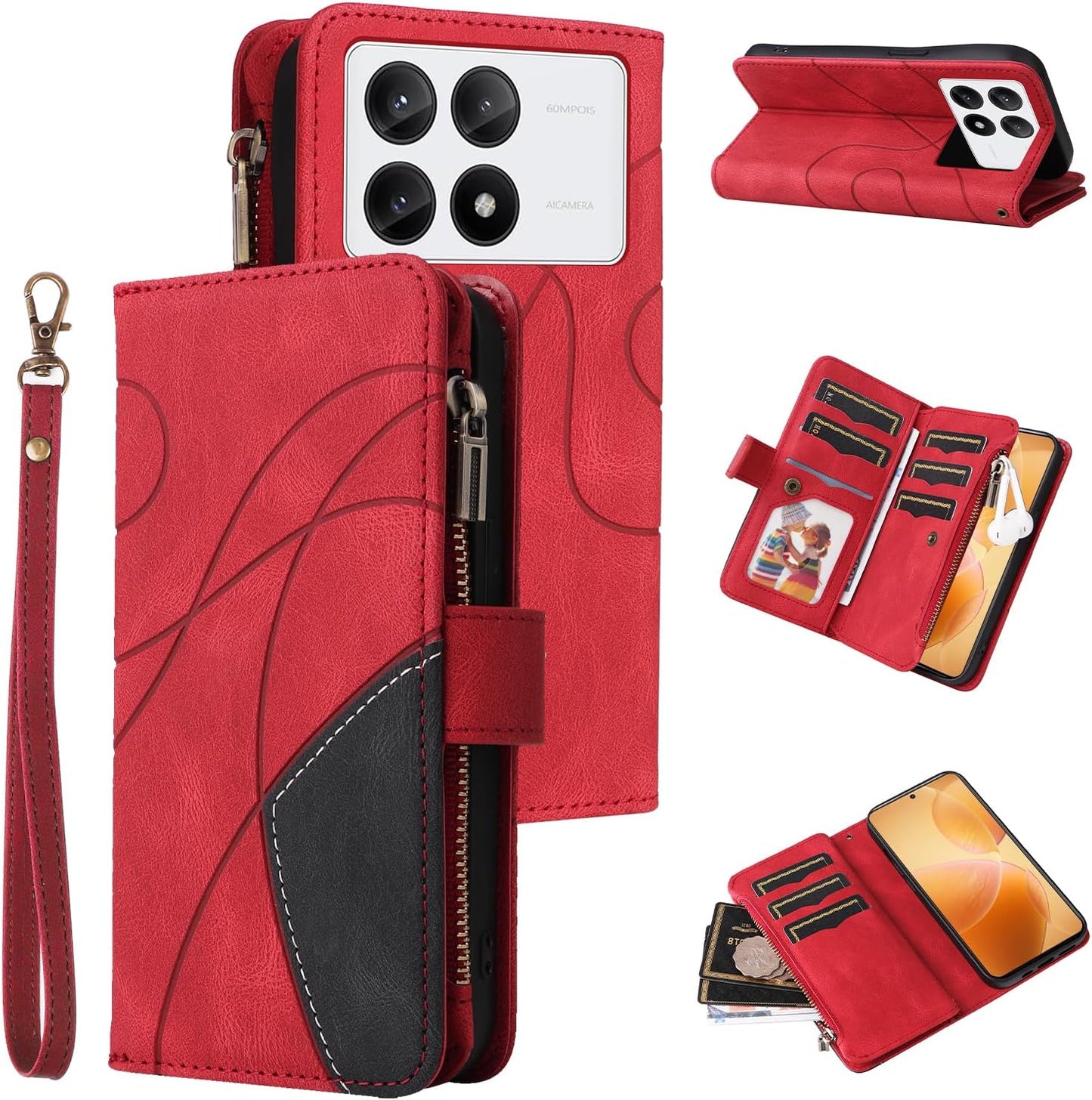iTape 9 Card Slots Phone Case for Xiaomi POCO X6 PRO 5G, Zipper Wallet, Dual Color Stitching Color Flip Stand Card Slots Cash Clip Shockproof, Wrist Strap Black