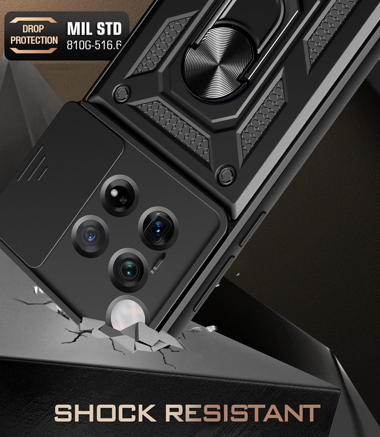iTape Shockproof phone case for one plus 12 5G, with sliding window back cover, ring buckle holder, magnetic phone case car mount zhij Rose Gold