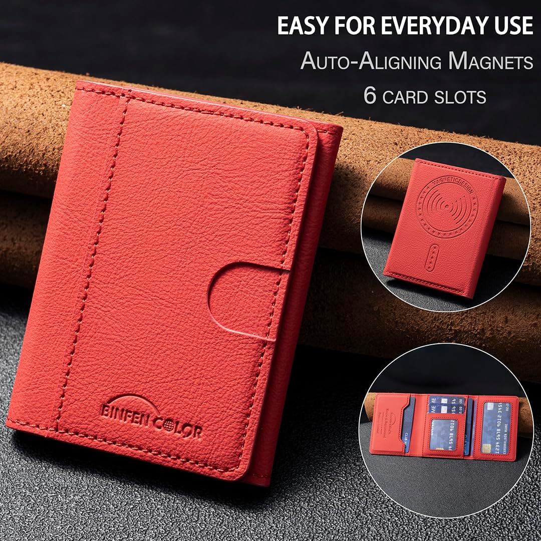 iTape Leather Magnetic Phone Wallet Compatible with Various Phone Models Android and iOS, Solid Color Magnetic Card Holder Ultra-thin Trifold Wallet Card Holder Flip Stand Red