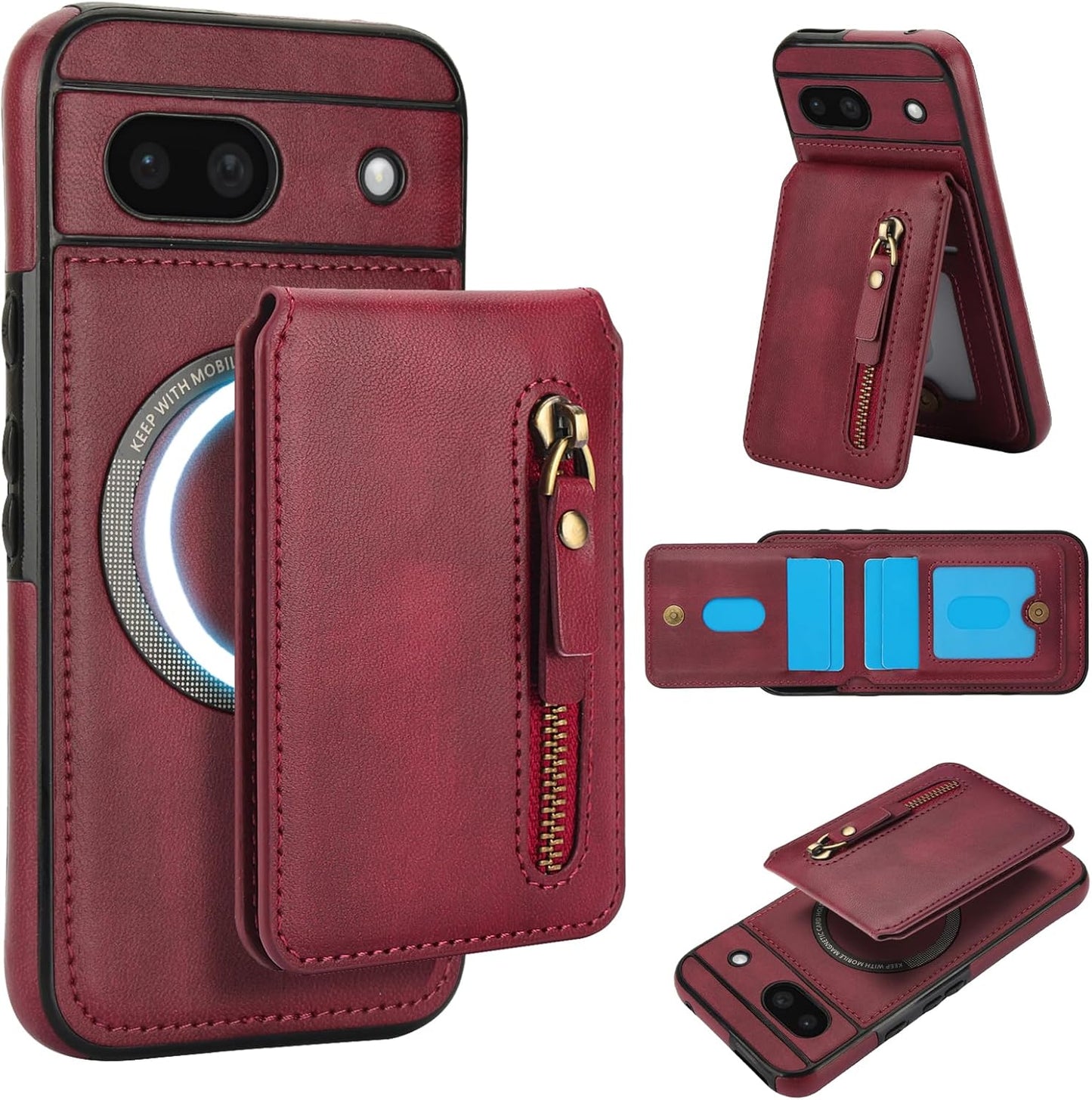 iTape Magnetic card holder phone case suitable for Google Pixel 8A, zipper magnetic split magnetic wallet with adjustable bracket Black
