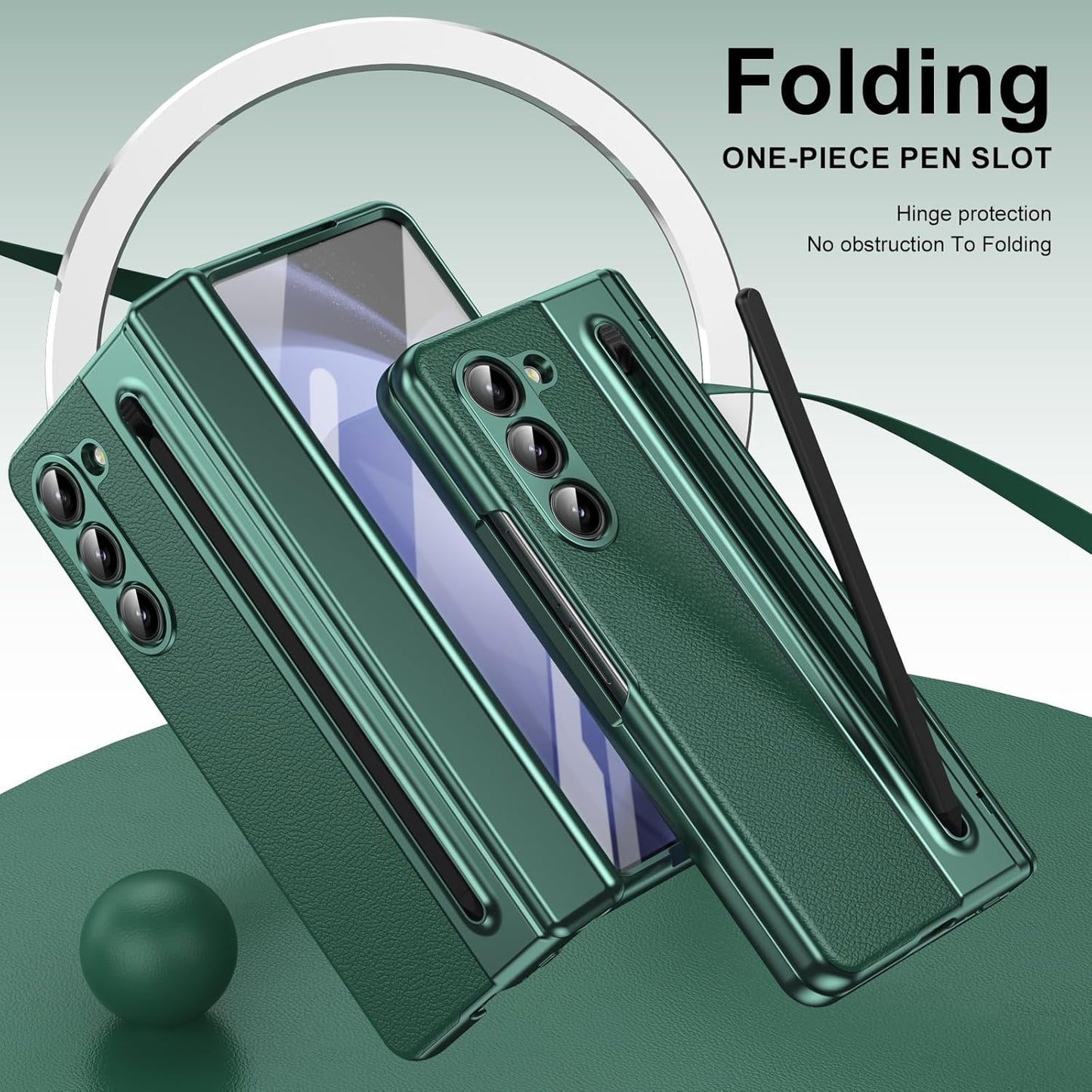 Lightweight phone case for Samsung Galaxy Z Fold5, hinged case supports wireless charging with lens protection, screen protector, complimentary stylus, drop-proof and fingerprint resistant