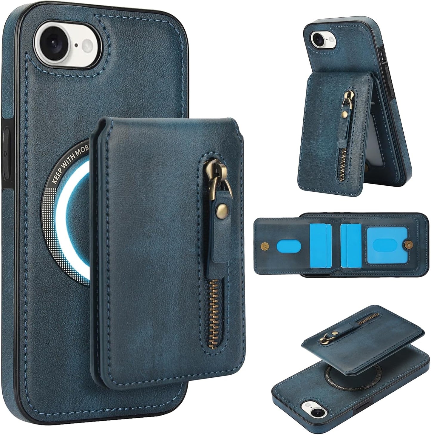 Magnetic card holder phone case suitable for iPhone 16E, zipper magnetic split magnetic wallet with adjustable bracket