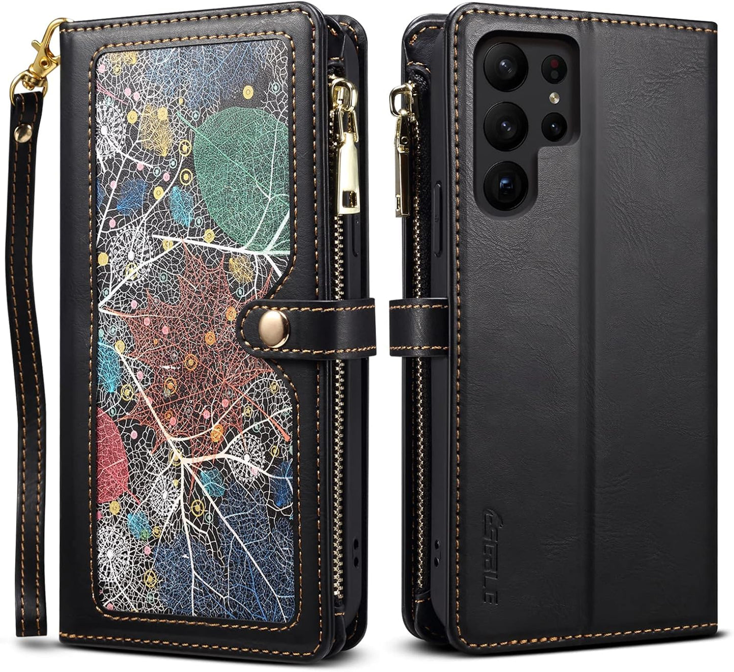iTape Wallet case for Samsung Galaxy S24 Ultra, card slot photo frame flip stand phone protective case (RFID anti-theft brush) with wrist strap, cross-body strap Orange