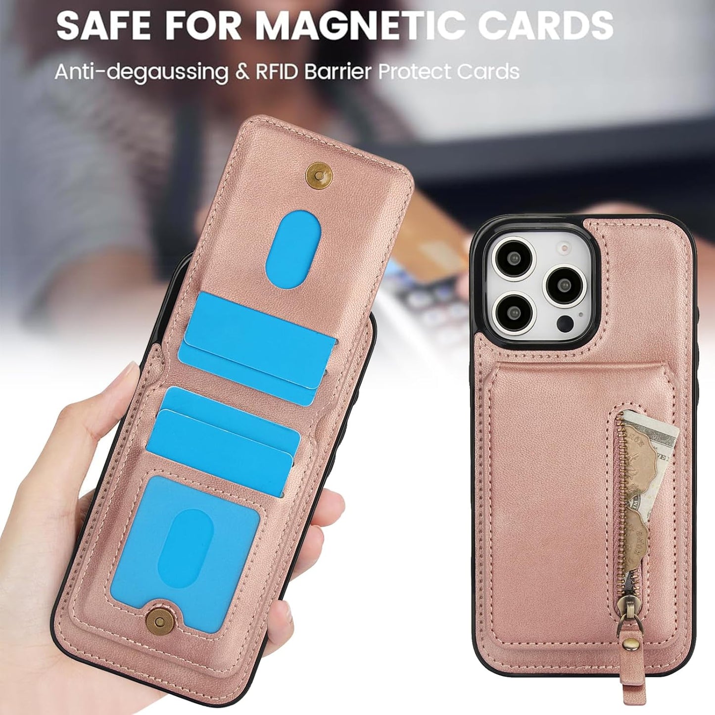 Magnetic card holder phone case suitable for iPhone 16 Pro, zipper magnetic split magnetic wallet with adjustable bracket Brown