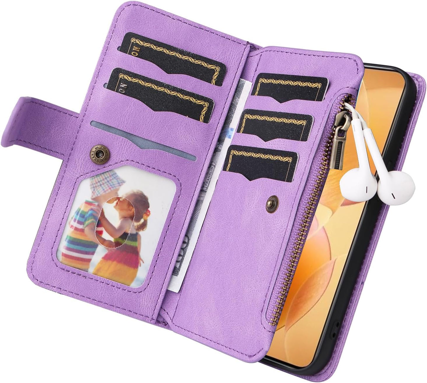 iTape 9 Card Slots Phone Case for Xiaomi POCO X6 PRO 5G, Zipper Wallet, Dual Color Stitching Color Flip Stand Card Slots Cash Clip Shockproof, Wrist Strap Black