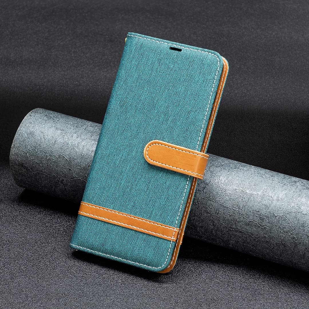 Colorblock Denim Wallet Phone Case for iPhone 16E, Wallet Phone Case Flip Stand, Credit Card Slot Wallet Wrist strap Green