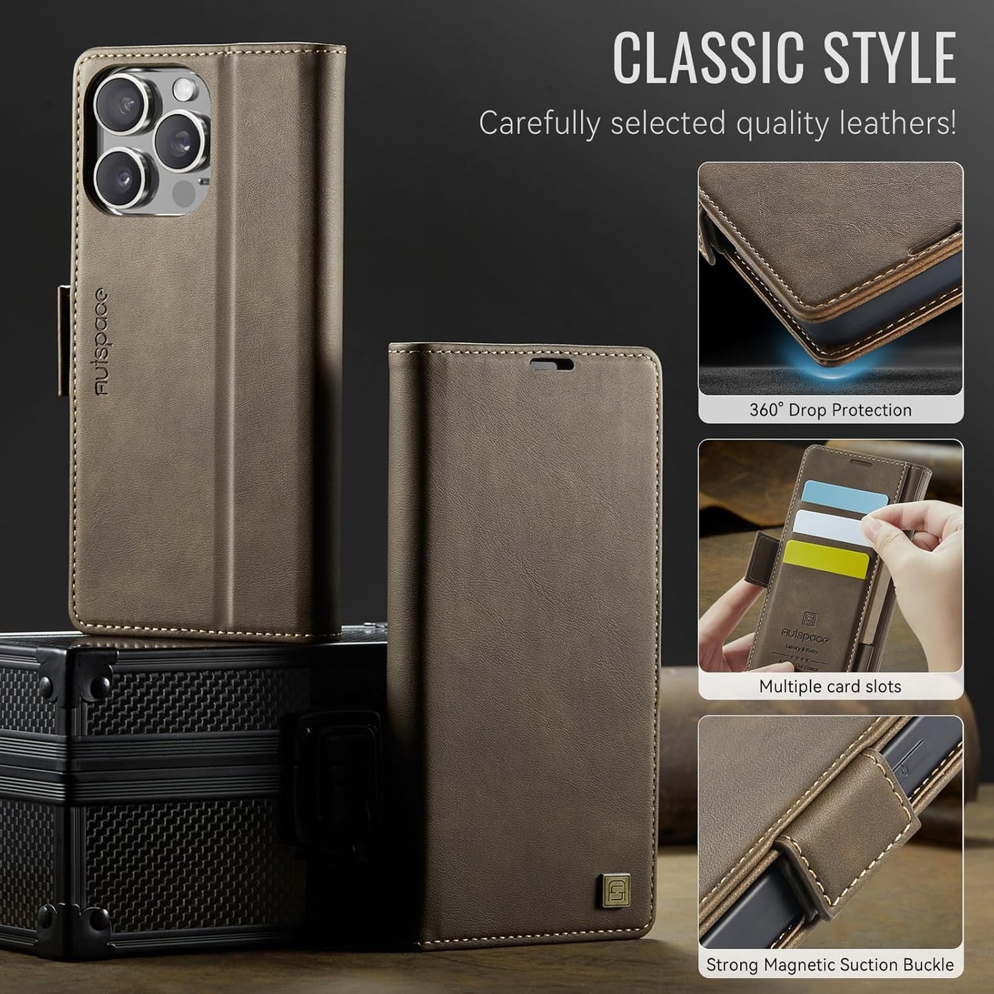 Soft leather wallet case for iPhone 16 Pro max, RFID (anti-theft), wallet card slot flip cover stand for iPhone 16 Pro max Support wireless charging Brown