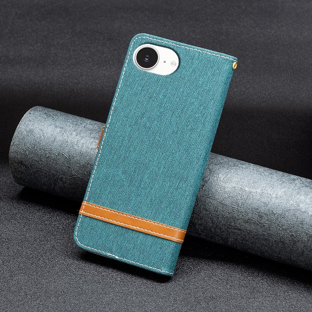 Colorblock Denim Wallet Phone Case for iPhone 16E, Wallet Phone Case Flip Stand, Credit Card Slot Wallet Wrist strap Green