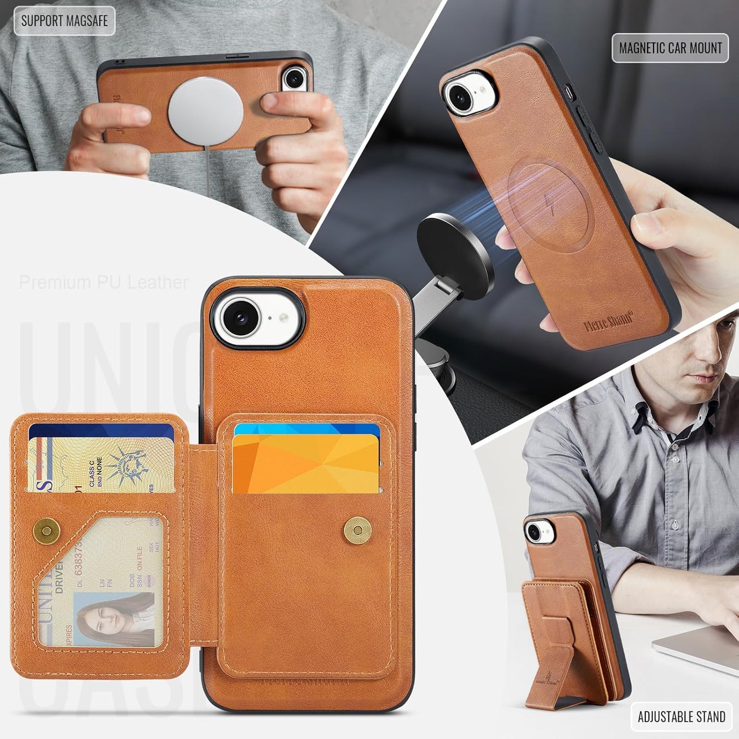 Magnetic Leather Phone Case for iPhone 16E, (RFID) Card Slot Wallet Flip Folding Stand, Wireless Charging Phone Case for iPhone 16E(RFID) Green