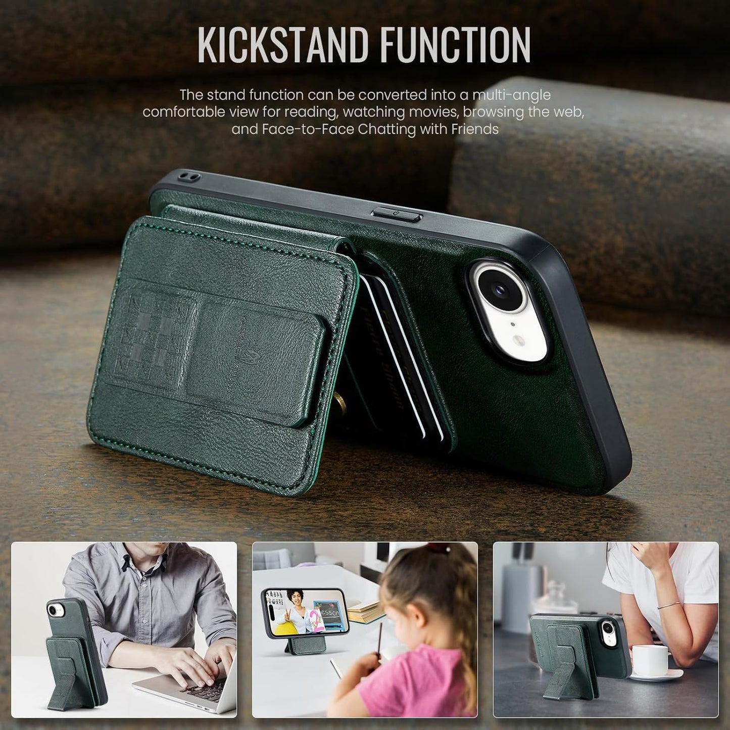 Magnetic Leather Phone Case for iPhone 16E, (RFID) Card Slot Wallet Flip Folding Stand, Wireless Charging Phone Case for iPhone 16E(RFID) Green