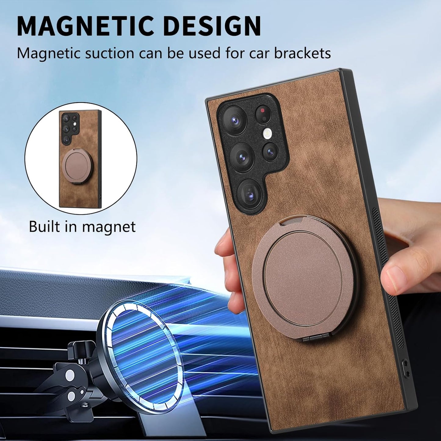 iTape Retro magnetic mobile phone case for Samsung Galaxy S25 Ultra, wireless charging magnetic car mount, round ring 360% rotating mount Green