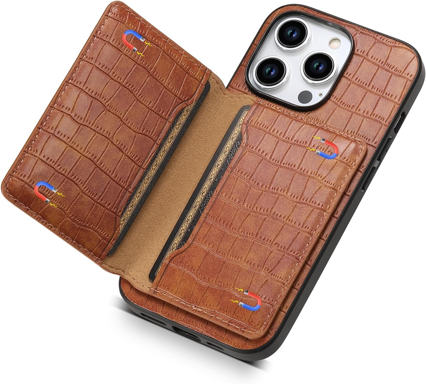 Crocodile pattern phone case suitable for iPhone 15 Pro max, magnetic card holder holder card slot phone case, Green