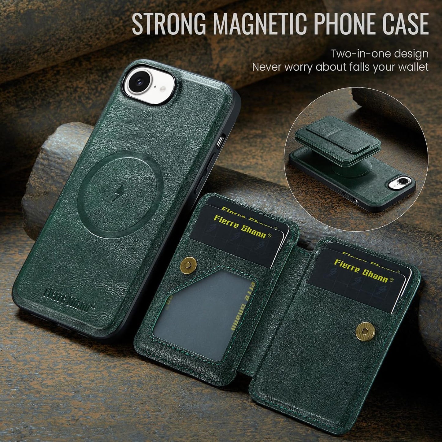 Magnetic Leather Phone Case for iPhone 16E, (RFID) Card Slot Wallet Flip Folding Stand, Wireless Charging Phone Case for iPhone 16E(RFID) Green