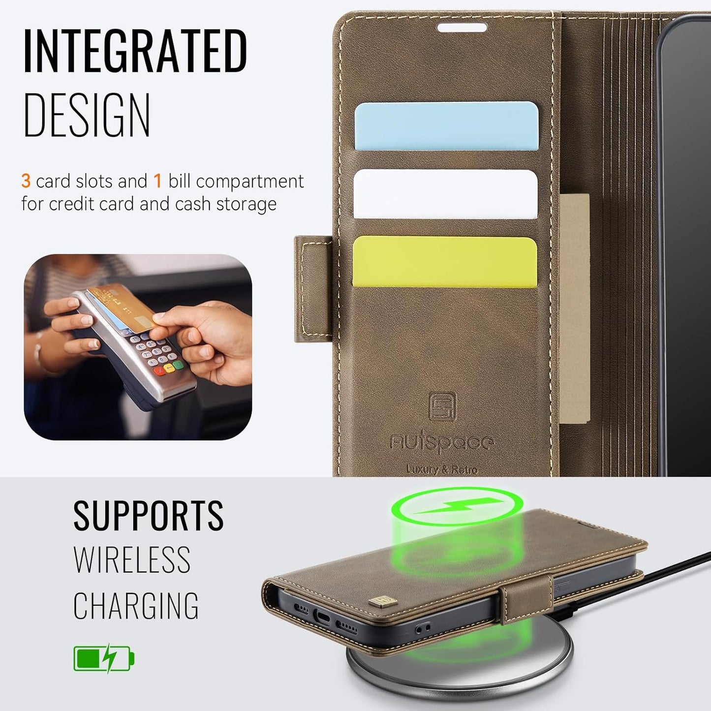 Soft leather wallet case for iPhone 15 Pro max, RFID (anti-theft), wallet card slot flip cover stand for iPhone 15 Pro max Support wireless charging Rose Gold