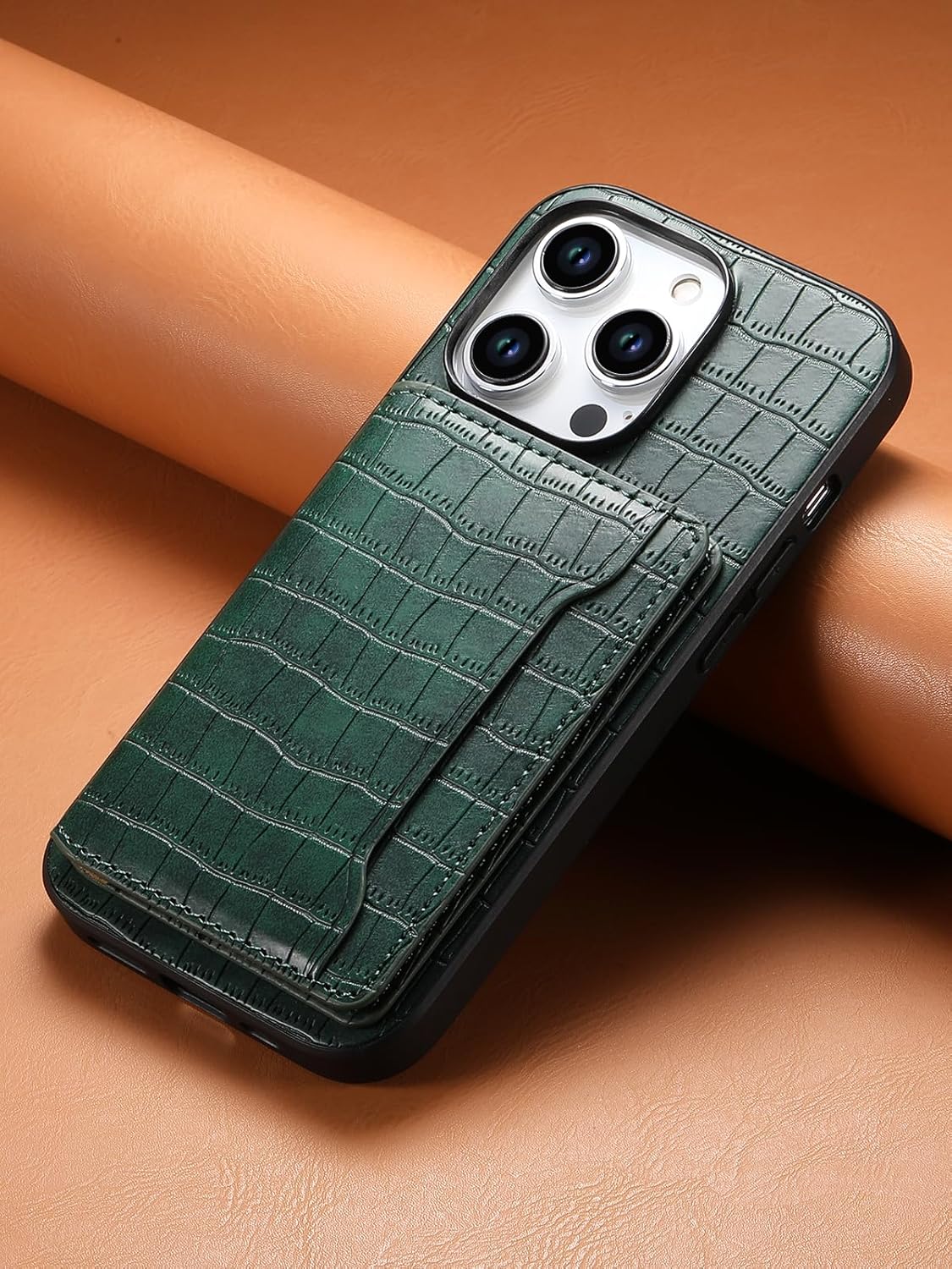 Crocodile pattern phone case suitable for iPhone 15 Pro max, magnetic card holder holder card slot phone case, Green