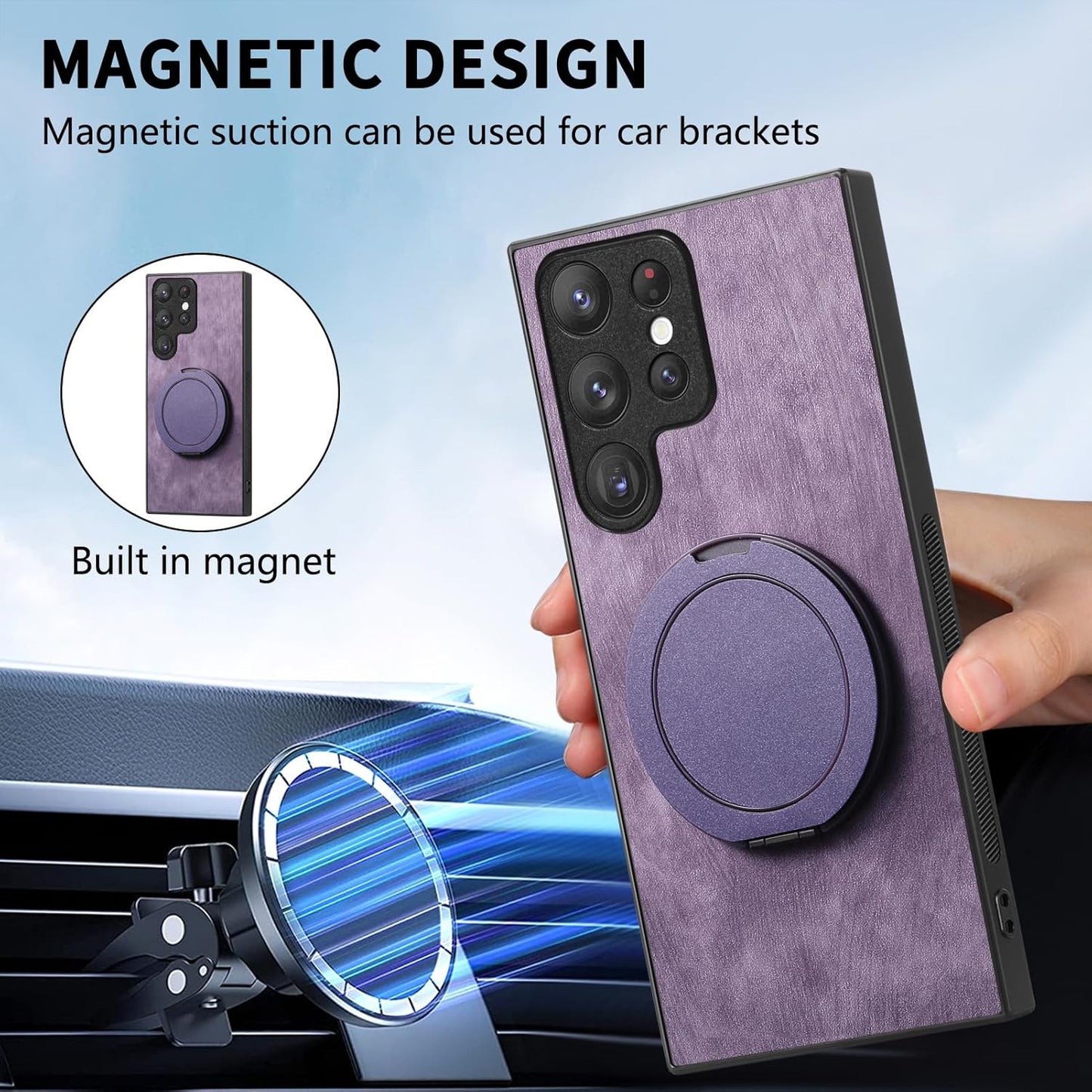 iTape Retro magnetic mobile phone case for Samsung Galaxy S25 Ultra, wireless charging magnetic car mount, round ring 360% rotating mount Green