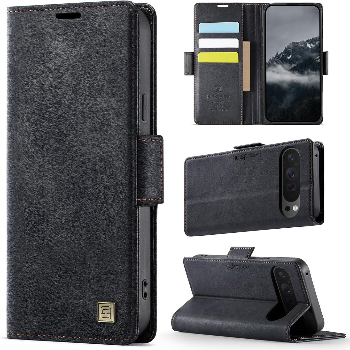 iTape Soft leather wallet case for Google Pixel 9Pro, RFID (anti-theft), wallet card slot flip cover stand for Google Pixel 9Pro Support wireless charging Brown
