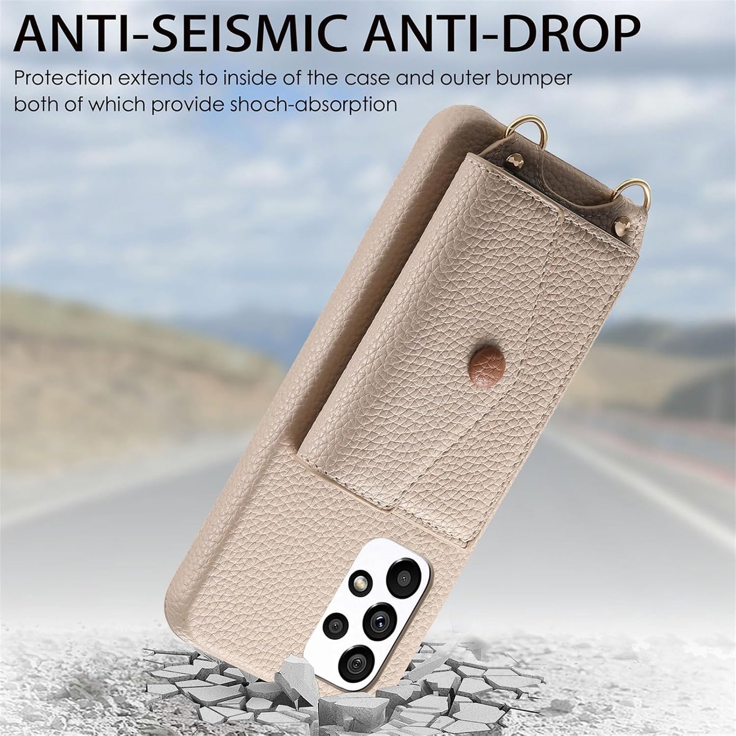 iTape Card Holder Wallet Phone Case for Samsung Galaxy A53 5G, Shockproof Ultra-thin Phone Case, Makeup Mirror with Crossbody Strap Gray