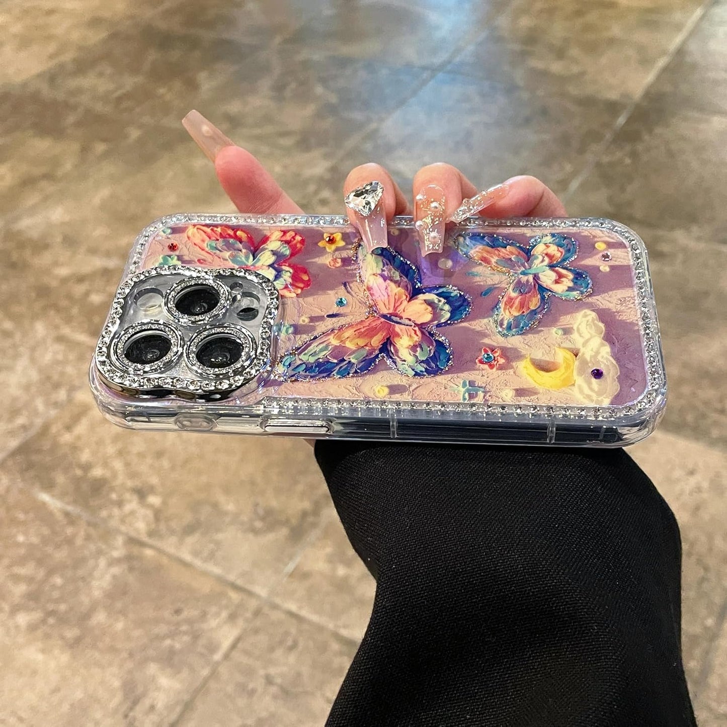3D Stereoscopic colourful clouds butterfly case for iPhone 16 Pro max, shockproof and drop-proof case, full of diamonds lens protection phone case