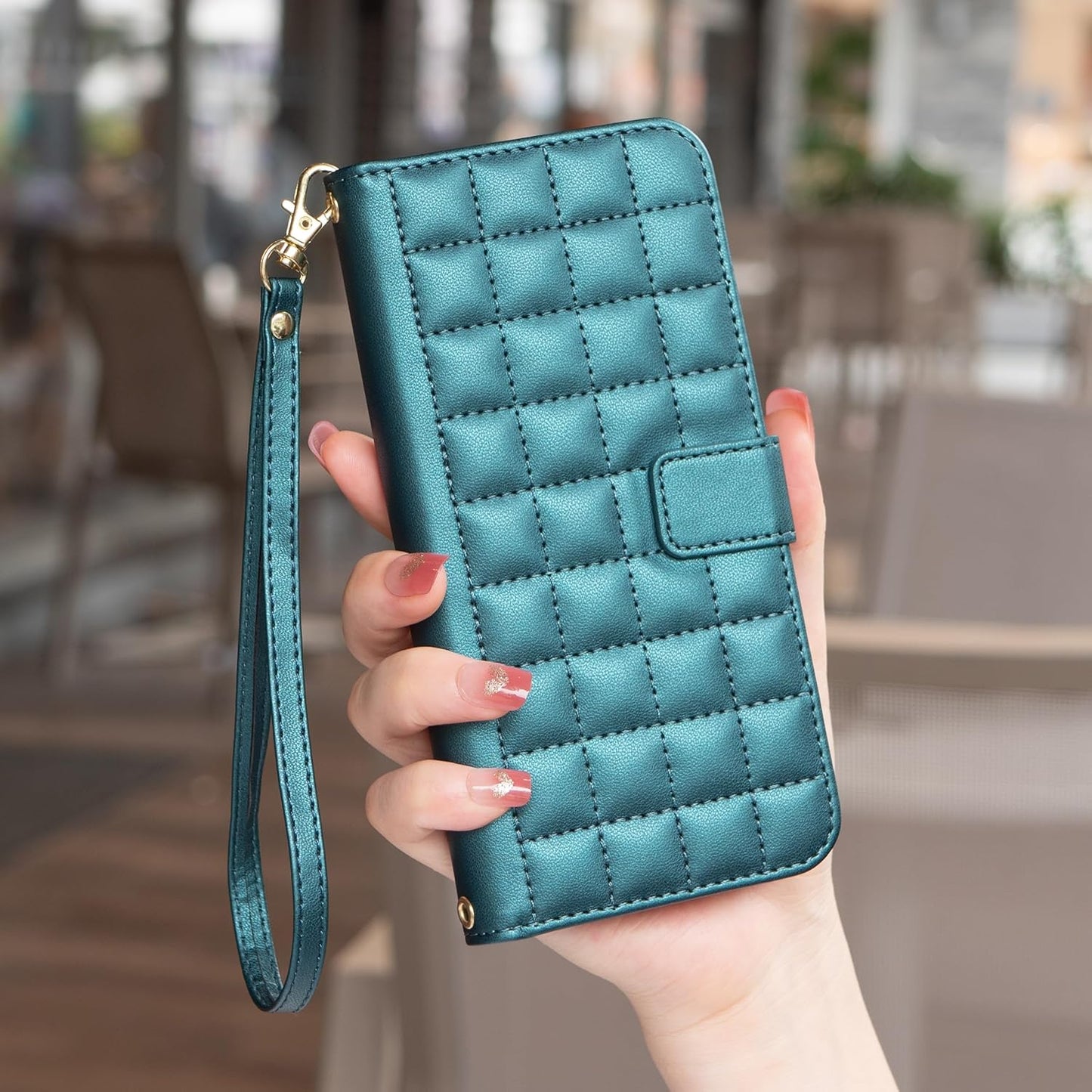 Plaid Wallet Phone Case for iPhone 16E, Wallet Phone Case, Flip Stand, Credit Card Slot Wallet With wrist strap Green