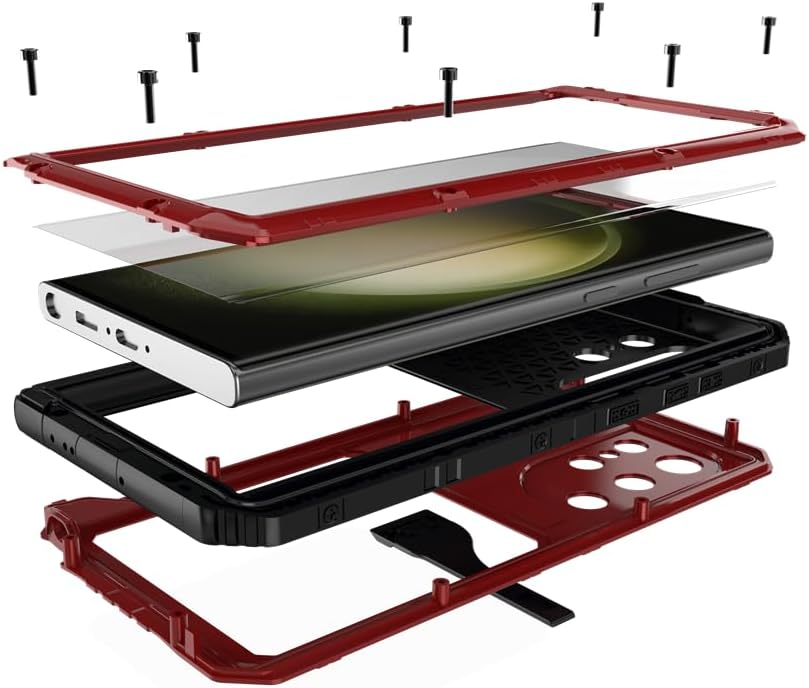 iTape Case for Samsung Galaxy S23 Ultra, 360° Waterproof IP68 Shockproof Hard Shell Metal Military Heavy Duty Rugged Protective Case for Samsung Galaxy S23 Ultra Magnetic Wireless Charging Red