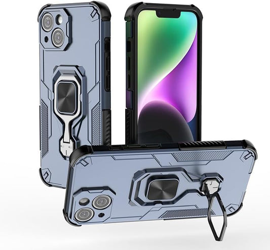 Magnetic bracket mobile phone case for iPhone 13, military-grade four-corner airbag shockproof protection mobile phone case, 360° metal bracket compatible with finger ring buckle Blue