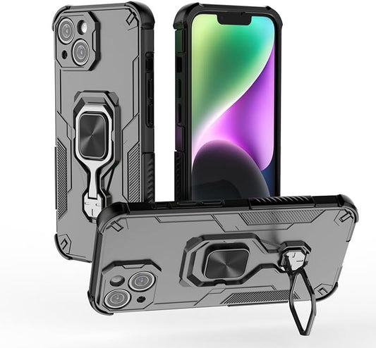 Magnetic bracket mobile phone case for iPhone 14, military-grade four-corner airbag shockproof protection mobile phone case, 360° metal bracket compatible with finger ring buckle Black