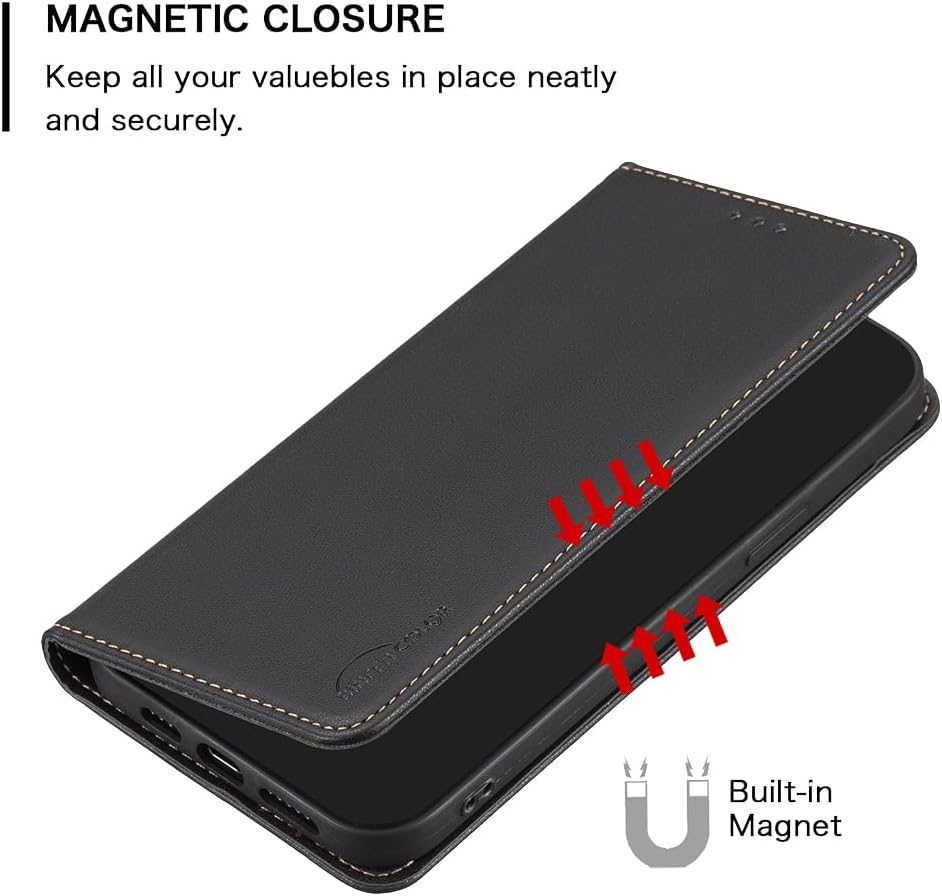 Leather Phone Case for iPhone 16E, Magnetic Leather Wallet Case, Flip Stand Shockproof Protection Gold