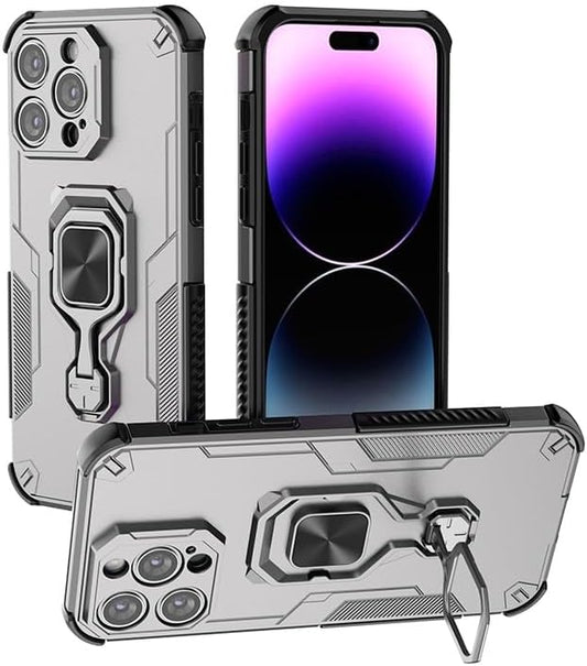 Magnetic bracket mobile phone case for iPhone 14 Pro max, military-grade four-corner airbag shockproof protection mobile phone case, 360° metal bracket compatible with finger ring buckle Gray